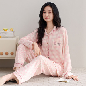 100%纯棉睡衣女秋冬季开衫长袖长裤套装卡通格子可外穿休闲家居服