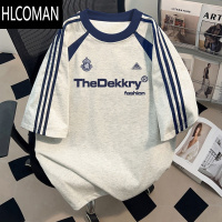 HLCOMAN美式潮牌短袖T恤男女款夏季创意字母印花三条杠圆领上衣