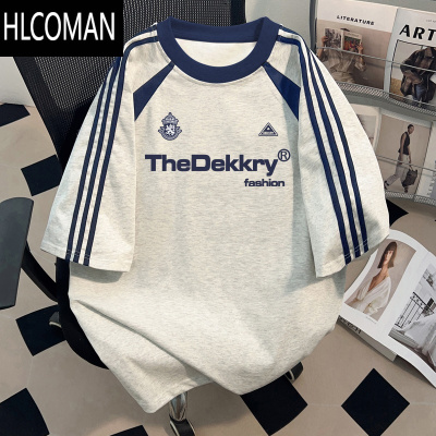 HLCOMAN美式潮牌短袖T恤男女款夏季创意字母印花三条杠圆领上衣