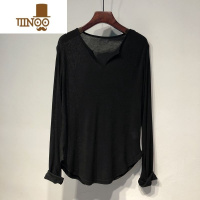 YANXU纯色V领上衣男女新款宽松垂坠感慵懒遮屁中长款长袖t恤打底衫
