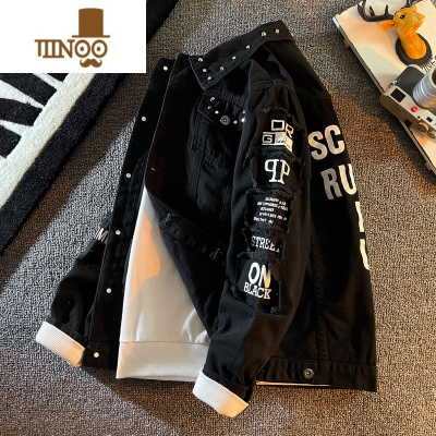 YANXU黑色牛仔外套男潮牌春季2022年新款韩版潮流痞帅百搭休闲夹克衣服