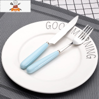 创意刀叉勺西餐套装不锈钢餐具三件套牛排刀子西餐刀叉勺子牛扒刀 纯蓝[1刀 + 1叉] 敬平