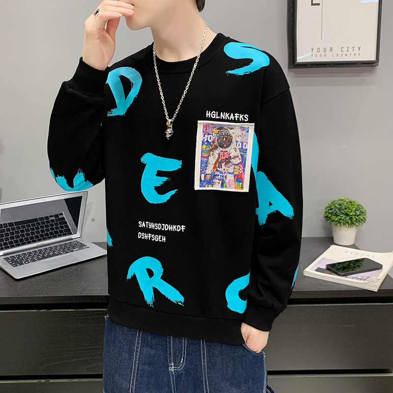 圆领卫衣男春秋季港风潮流ins宽松印花时尚宽松外套男装