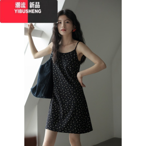 YIBUSHENG黑色碎花吊带裙女连衣裙季2024新款海边度假气质裙子小个子 黑色 均码