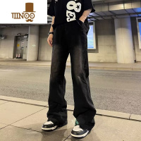 YANXU美式高街复古水洗做旧渐变黑色牛仔裤男女设计感宽松直筒阔腿长裤