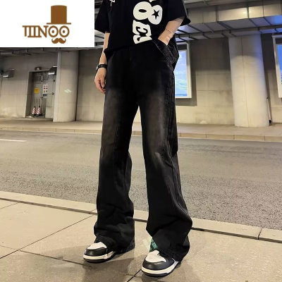 YANXU美式高街复古水洗做旧渐变黑色牛仔裤男女设计感宽松直筒阔腿长裤