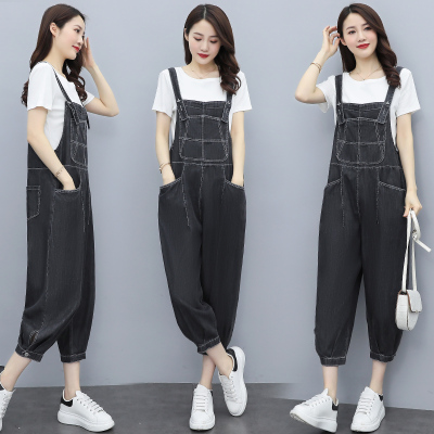 再说2021夏季短袖牛仔背带裤套装女装韩版时尚休闲两件套套裤潮
