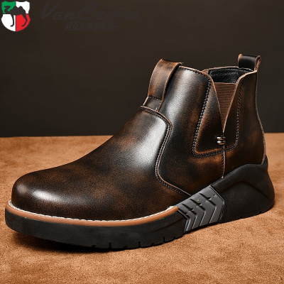 西域骆驼男鞋春季男士马丁靴子中帮真皮厚底隐形内增高男鞋8cm高帮休闲皮鞋子