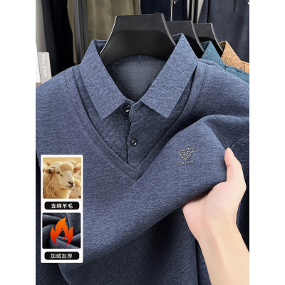 长袖T恤男中老年假两件加绒加厚休闲秋冬装保暖内搭打底衫衬衫领