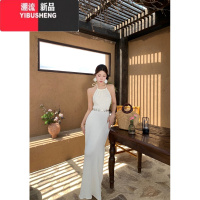 YIBUSHENG纯欲蓝色海边度假风绝美吊带连衣裙女仙三亚旅游穿搭沙滩长裙