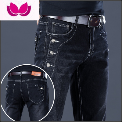 七斓春季潮牌黑色牛仔裤男士2023年新款休闲修身小脚长裤子男裤款