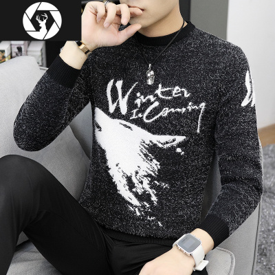 HongZun圆领毛衣男加绒加厚修身秋冬季打底衫潮流马海毛2020年新款针织衫毛衣