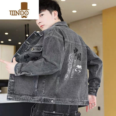 YANXU中国风刺绣牛仔外套男新款潮流时尚帅气国潮百搭休闲夹克男