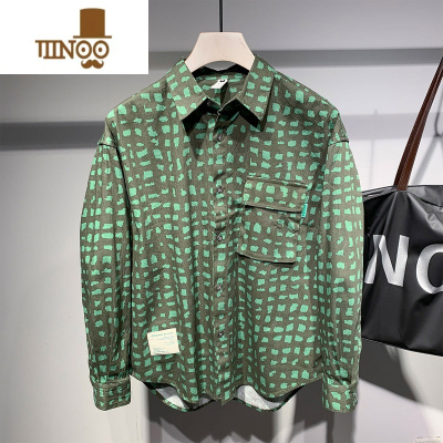 YANXUTELIN日系时尚压皱格子长袖衬衫男秋季青年帅气宽松衬衣型外套