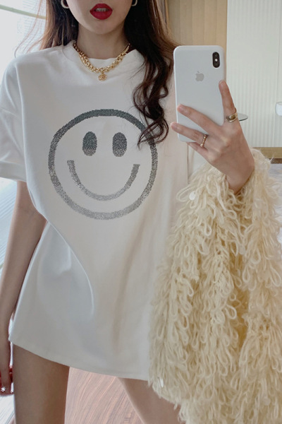 短袖T恤女夏季韩版新款中长款宽松笑脸圆领女装上衣