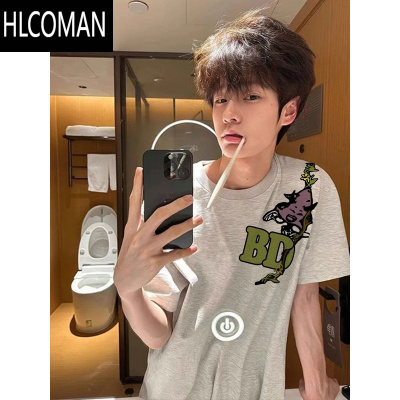 HLCOMAN美式刺绣字母花卉情侣装2025新款短袖t恤男装夏季宽松国潮牌上衣