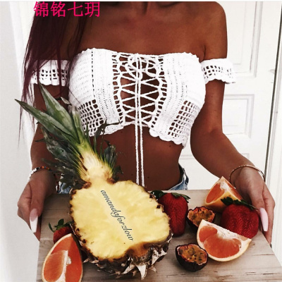 锦铭七玥夏季波西米亚胸前绑带一字肩裹胸女士手工针织荷叶袖抹胸