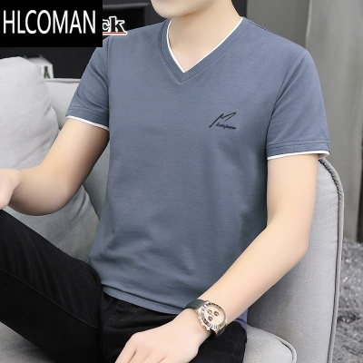 HLCOMAN男士t恤短袖2025新款时尚v领潮牌半袖丅上衣服夏季体恤衫夏装