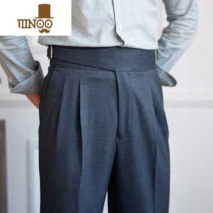 YANXU意式男士巴黎腰头直筒长裤英伦休闲廓尔格高腰裤子潮