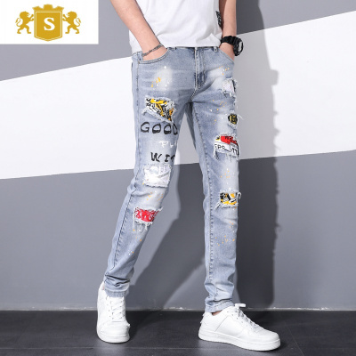 SUNTEK个性潮牌多破洞牛仔裤男补丁贴布个性破烂韩版乞丐裤浅色印花潮流牛仔裤