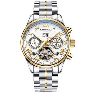 正品嘉年华Carnival大表盘飞轮全自动机械表 男手表时尚休闲男表防水镂空真皮表带金属精钢腕表8660G