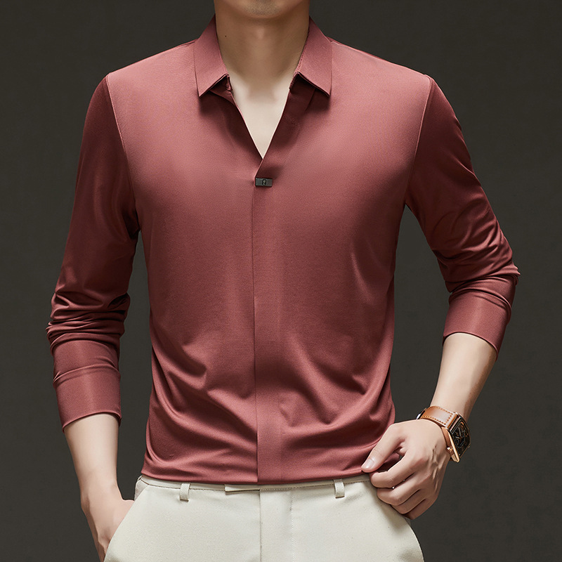 无痕剪刀领长袖T恤男2025春季新款时尚休闲中年弹力男士polo