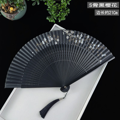 黑色扇子折扇中国风女古风汉服古典舞蹈扇夏季随身日式樱花折叠扇三维工匠黑面原竹骨排扇