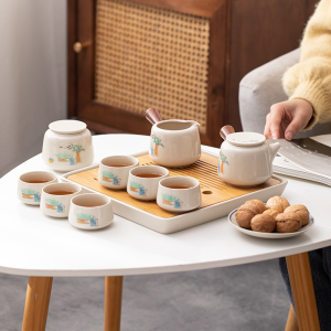 苏氏陶瓷(SUSHI CERAMICS)草木灰釉功夫茶具套装实木手柄双侧把茶壶竹面陶瓷储水茶托礼盒装
