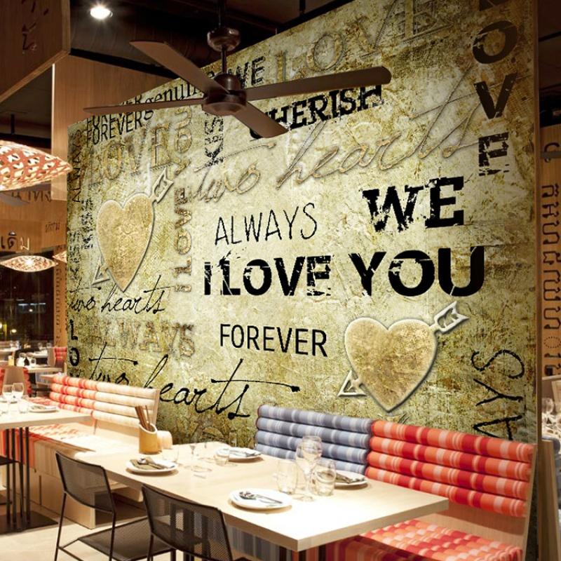 爱情主题咖啡厅休闲吧西餐厅背景墙个性复古水泥涂鸦砖墙壁画壁纸壹德