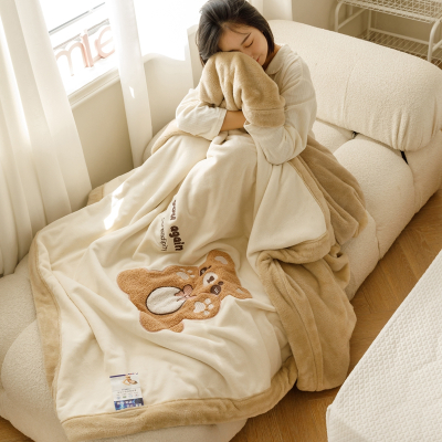 天山柔双面贴布刺绣小熊毛毯