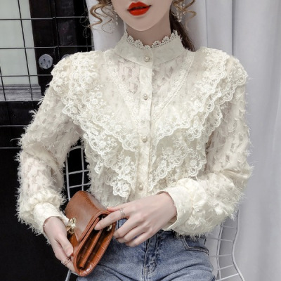 暖青汇半高领打底衫女秋冬2020新款荷叶边蕾丝拼接长袖衬衣超仙洋气上衣蕾丝衫