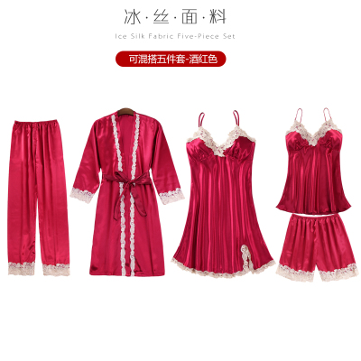 Ideamini冰丝绸新娘性感睡衣女春秋夏季睡袍睡裙五件套装红色结婚浴袍晨袍