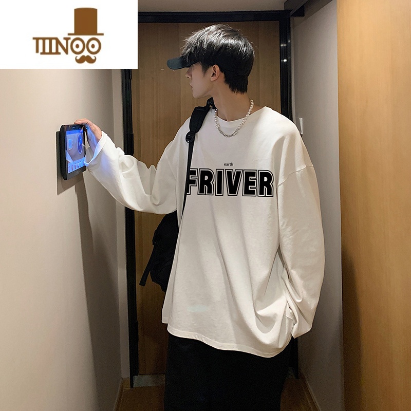 YANXU国潮宽松T恤男士圆领印花长袖百搭新款男装休闲上衣服