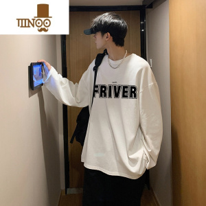 YANXU国潮宽松T恤男士圆领印花长袖百搭新款男装休闲上衣服