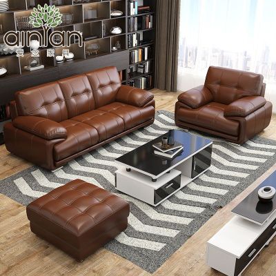 四人黑皮沙发组合大小户型简约现代直排办公123真皮沙发3三人位