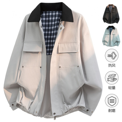 男装春秋季美式潮牌夹克男撞色宽松休闲百搭多口袋夹克上衣男外套