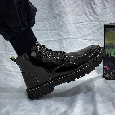娜瑟薇ins马丁鞋港风油蜡皮发型师鞋正装潮男鞋圆头黑色增高小皮鞋高帮