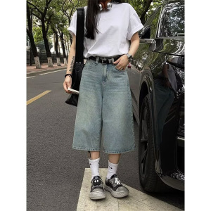 高街hiphop七分牛仔裤女夏季新款小个子高腰宽松显瘦阔腿直筒短裤