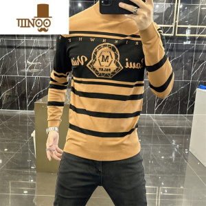 YANXU欧货2023秋季新款提花针织衫男潮流休闲烫钻毛衣圆领长袖打底衫男