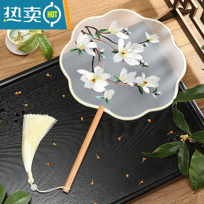 XIANCAI多买多减刺绣团扇中国风宫扇舞蹈古典汉服旗袍古风长柄流苏圆扇子 八瓣机绣-黄玉兰