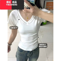 YIBUSHENG白色短袖正肩T恤女修身收腰季短款上衣白t2024新款掐腰半袖