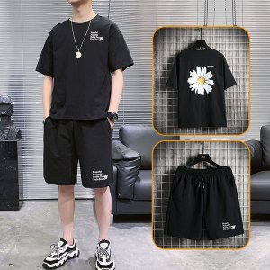 梵克公牛短袖T恤男宽松牌套装 2020同款菊花小雏菊T恤男夏季简约ins跑步锻炼半袖情侣帅气韩版 T679A85黑色 M