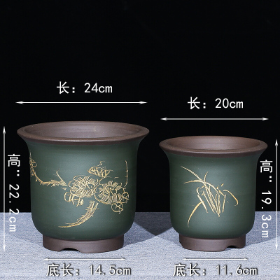 古达自产自销宜兴精品紫砂盆大口径兰花盆多肉花盆君子兰盆栽陶瓷花盆姜色绿色描金俩件套兰花盆姜黄色绿色描金俩件套
