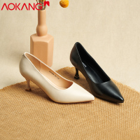 奥康女鞋细跟高跟鞋女牛皮尖头橡胶底空姐工作鞋上班职业鞋