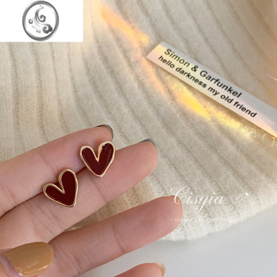 JiMi酒红色滴釉爱心耳环女港风气质小众高级感耳钉ins复古小桃心耳饰