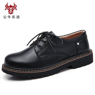 公牛乐途真皮英伦风女鞋2020秋冬新款jk平底单鞋黑色软底百搭休闲厚底皮鞋