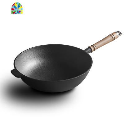 炒锅家用铁锅锅老式圆底加厚圆尖底单柄炒菜无涂层电磁炉 FENGHOU 单柄圆底炒锅带盖[燃气专用款]