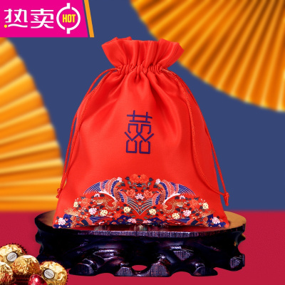 婚礼结婚婚庆用品纱袋锦缎喜糖袋创意中国风糖果糖袋喜糖盒子装烟FENGHOU鸾凤和鸣双面手绘喜糖袋-双面印花喜糖袋