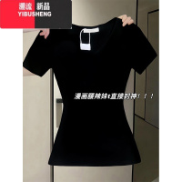 YIBUSHENG黑色V领收腰正肩短袖t恤女季2024新款修身显瘦纯欲辣妹美式上衣