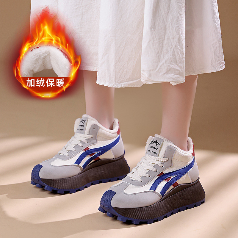 厚底女鞋新款冬季高帮加绒保暖老爹鞋百搭增高加绒